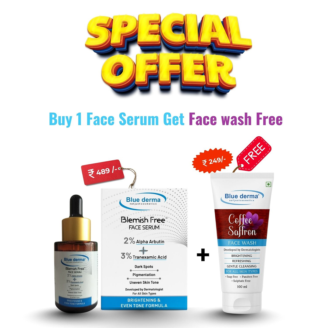 Buy 1 Blue Derma Blemish Free Face Serum and Get a Coffee Saffron Face Wash absolutely FREE!